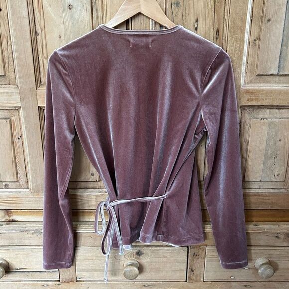 Madewell Small Blouse Taupe Pink Velvet Ballet Wrap Top Long Sleeve Tie Shirt - Picture 7 of 10